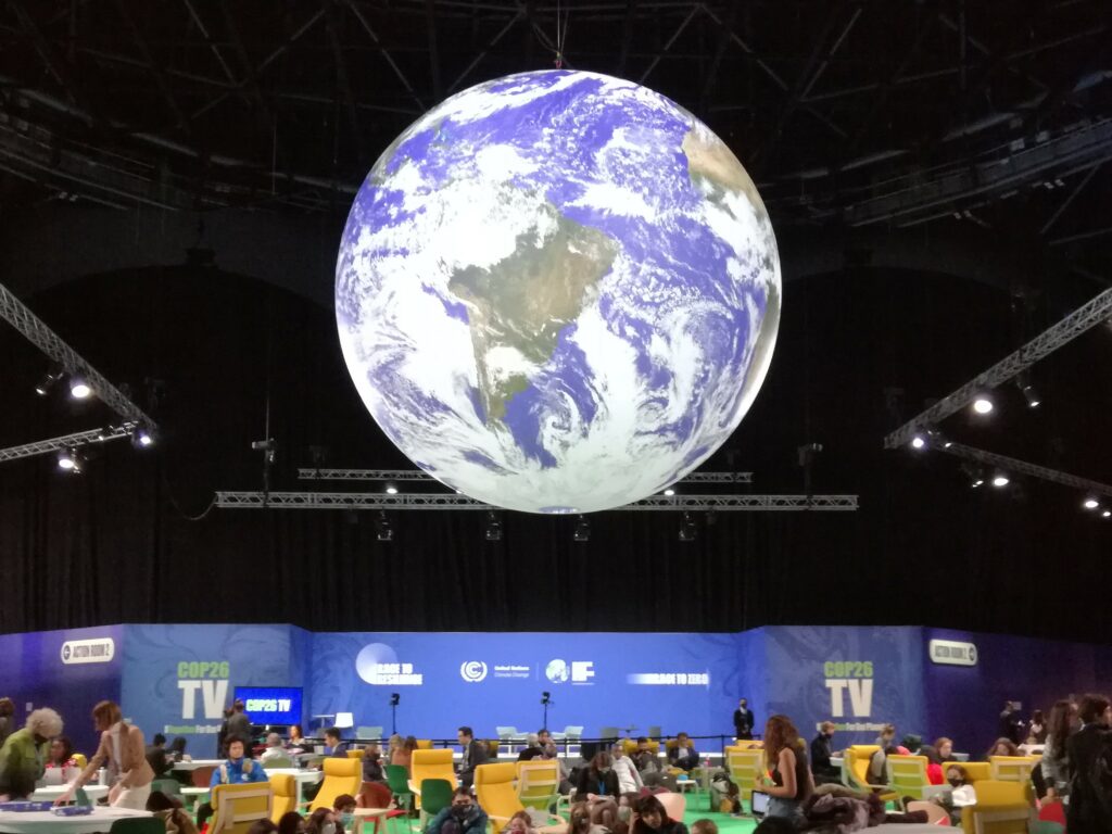 Globus hanging from the cealing of the COP26 building