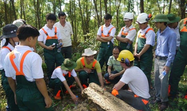 Group of people learning in forest